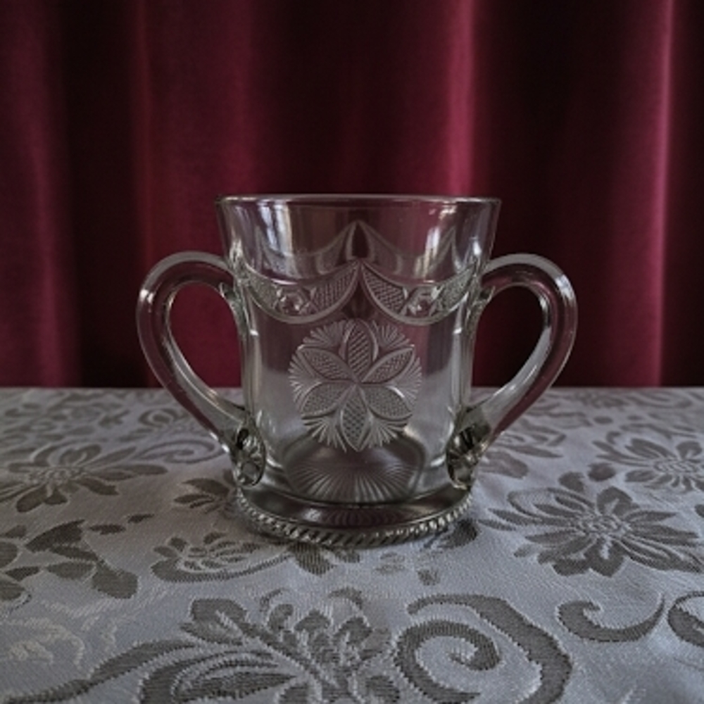 Rare 3-Handled Vintage Pressed Glass Loving Cup / Sugar Bowl - Starburst Medalli